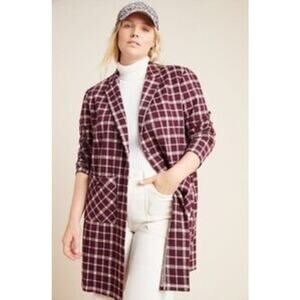 Anthro Harlyn Melrose Plaid Duster Cardigan Jacket Burgundy S